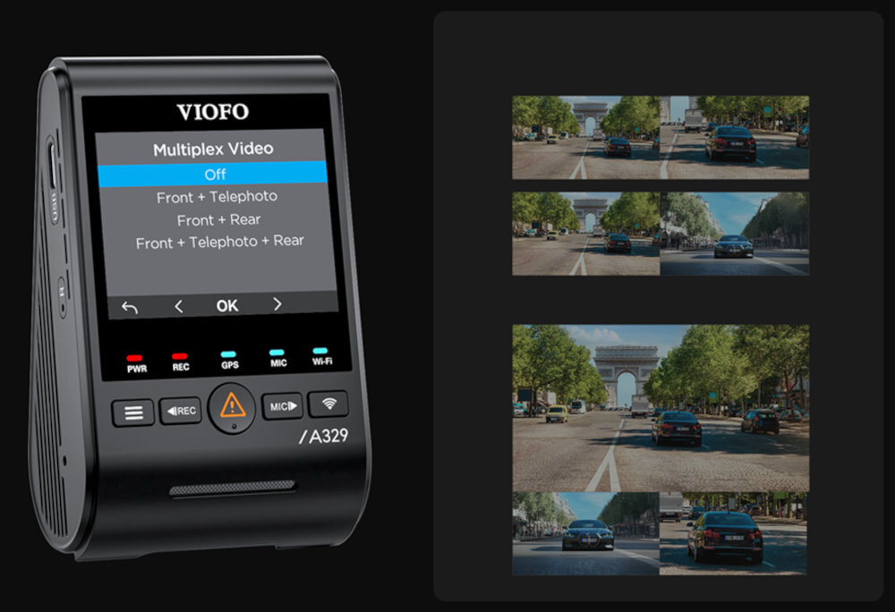 VIOFO A329TW szerokokątny obiektyw F1.8 o kącie 140° formacie MP4 kartach microSD do 512 GB mikrofon, czujnik przeciążeń, automatyczne uruchamianie kondensator zasilający 5 V - menu wyboru kamer i obraz z kamery