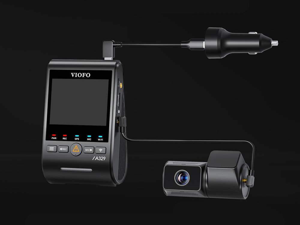 VIOFO A329T Zasilacz 45 W dwoma portami USB-C jednocześnie przewód USB-C/USB-C 3 m uchwyt samoprzylepny łopatka montażowa - schemat połączenia wideorejestratora z zasilaczem