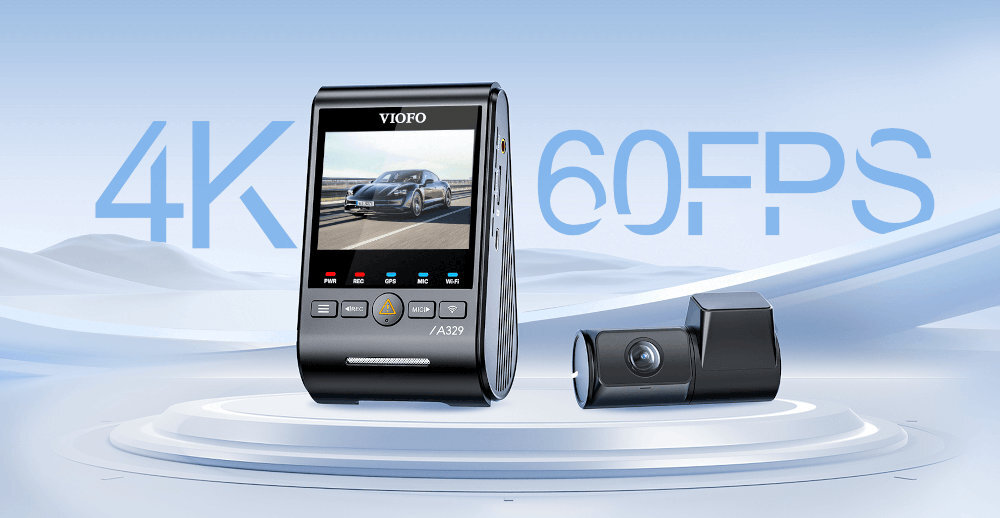 VIOFO A329T Quad Core ARM Cortex A53 szybko reaguje na zdarzenia, płynnie przetwarza obraz 4K i stabilnie pracuje w długich trasach wideorejestrator z drugą kamerą na jasno nibeiskim tle, widoczny napis 4k 60 fps
