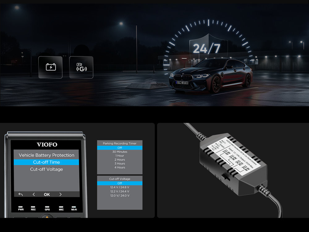 VIOFO A329T tryb parkingowy po wyłączeniu silnika time-lapse, niski bitrate lub detekcja ruchu Wykrycie wstrząsu Hybrydowy tryb parkingowy adapter HK6 Adapter nie jest elementem zestawu. - auto na parkingu w nocy, menu od trybu parkingowego i zasilacz osobny
