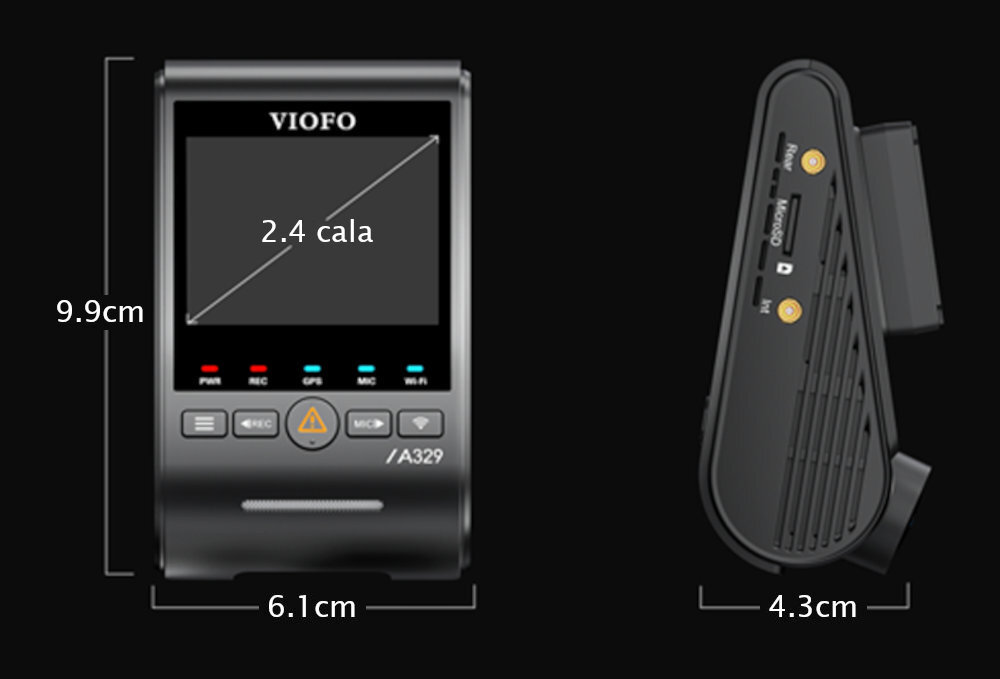 VIOFO A329T Ekran o przekątnej 2.4 HD przeglądanie materiałów i konfigurację ustawień przejrzystemu menu parametry nagrań, dostosować datę, prędkość lub oznaczenia = wideorejestrator z wymiarami obudowy i wyświetlacza