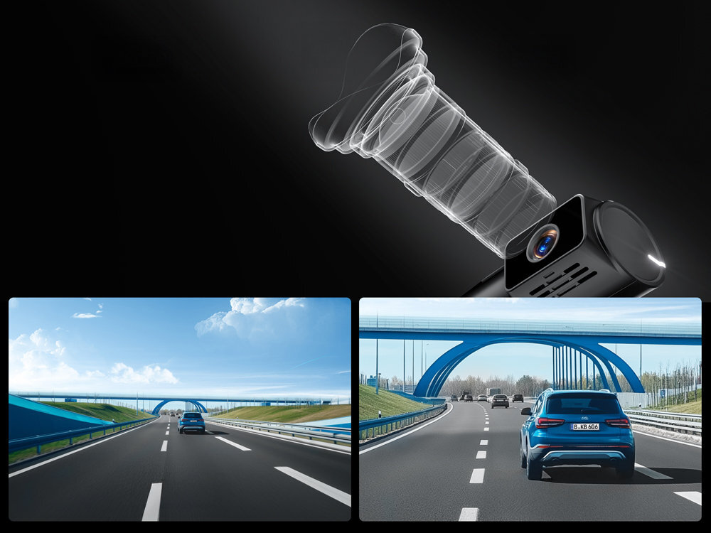 VIOFO A329TW Teleobiektyw A329T Sony STARVIS 2 IMX675 1/2,8 5 MP 2K (2560×1440p, 30 kl./s) 4-krotnemu zoomowi optycznemu tablice rejestracyjne czy elementy otoczenia - zilustrowanie teleobiektywu oraz porównanie obrazu z głównej kamery i teleobiektywu