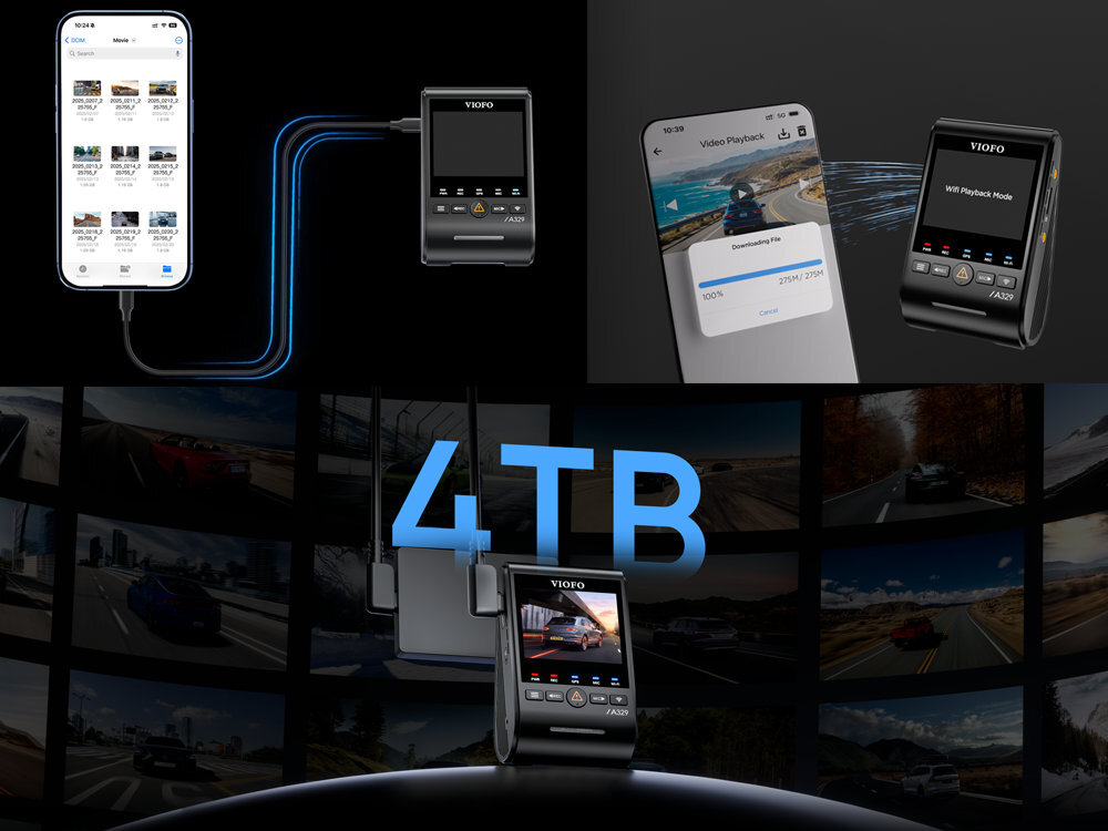 VIOFO A329T A329T zewnętrzne dyski PSSD do 4 TB bez konieczności formatowania kart pamięci - wideorejestrator połączony z telefonem bezprzewodowo i przewodowo, napis 4 tb