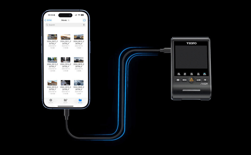 VIOFO A329WW Port USB-C 3.0 przesyłanie nagrań do smartfona lub komputera prędkością do 55 MB/s aktualizacji oprogramowania - telefon połączony przewodowo z wideorejestratorem