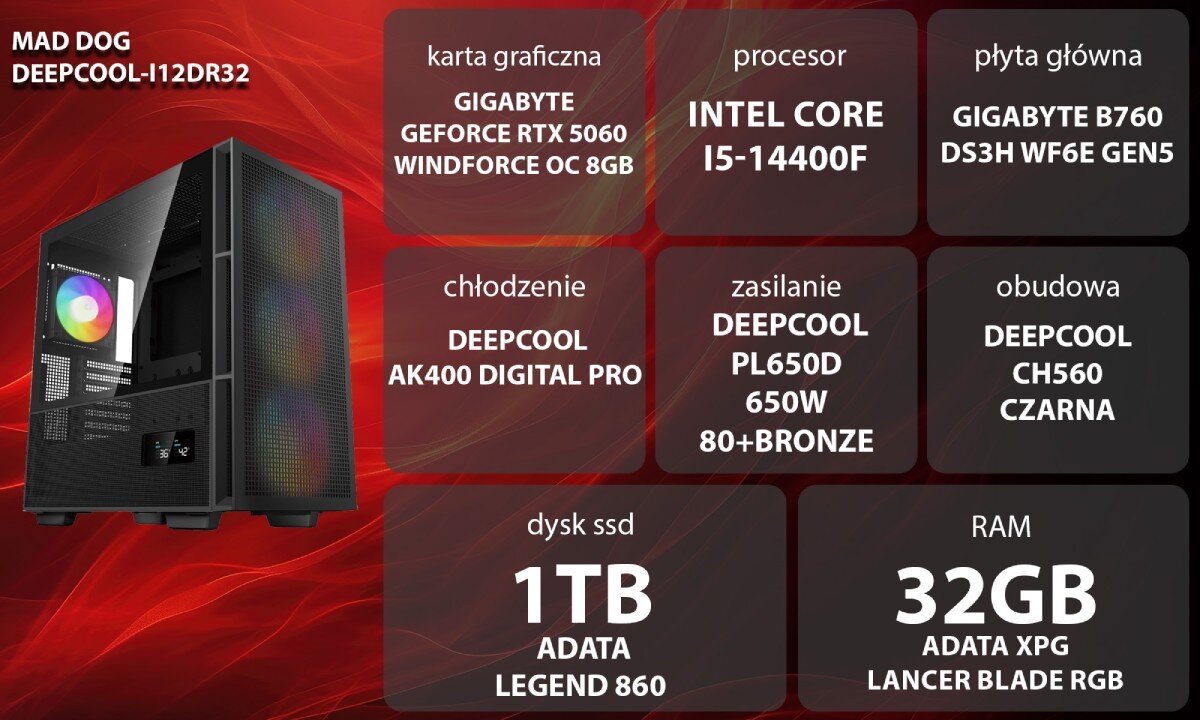 Komputer MAD DOG GeForce RTX5060 DLSS 4 Reflex Edition 2 DEEPCOOL-I12DR32 Grafika przedstawiająca specyfikację komputera, z podziałem na podzespoły. W lewej części znajduje się model komputera, a obok niego informacje o podzespołach, opis