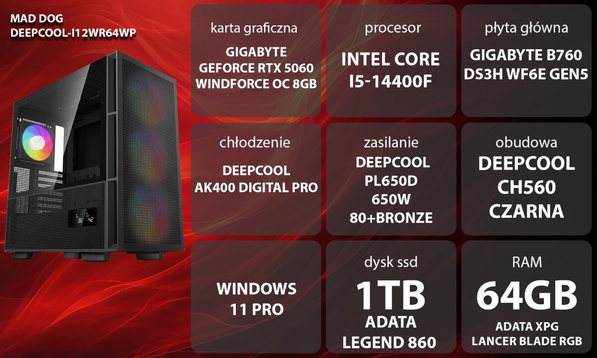 Komputer MAD DOG GeForce RTX5060 DLSS 4 Reflex Edition 2 DEEPCOOL-I12WR64WP Grafika przedstawiająca specyfikację komputera, z podziałem na podzespoły. W lewej części znajduje się model komputera, a obok niego informacje o podzespołach, opis