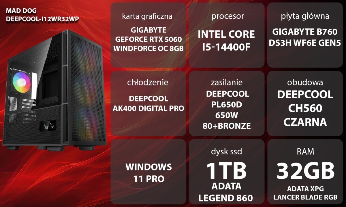 Komputer MAD DOG GeForce RTX5060 DLSS 4 Reflex Edition 2 DEEPCOOL-I12WR32WP Grafika przedstawiająca specyfikację komputera, z podziałem na podzespoły. W lewej części znajduje się model komputera, a obok niego informacje o podzespołach, opis