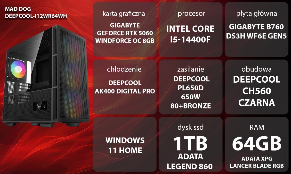 Komputer MAD DOG GeForce RTX5060 DLSS 4 Reflex Edition 2 DEEPCOOL-I12WR64WH Grafika przedstawiająca specyfikację komputera, z podziałem na podzespoły. W lewej części znajduje się model komputera, a obok niego informacje o podzespołach, opis