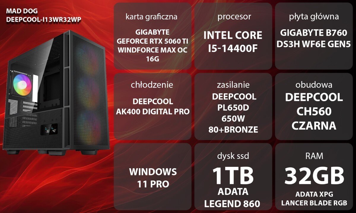 Komputer MAD DOG GeForce RTX5060Ti DLSS 4 Reflex Edition 2 DEEPCOOL-I13WR32WP Grafika przedstawiająca specyfikację komputera, z podziałem na podzespoły. W lewej części znajduje się model komputera, a obok niego informacje o podzespołach, opis