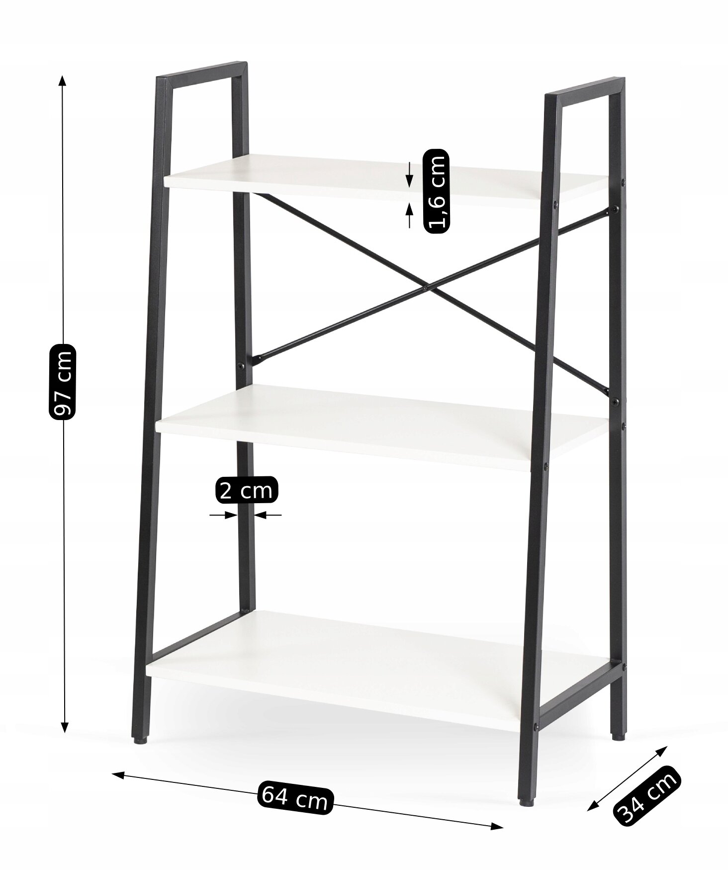 Na obrazie widoczny jest biały regał z trzema półkami, wsparty na czarnej metalowej ramie. Wymiary regału to 97 cm wysokości, 64 cm szerokości i 34 cm głębokości, z grubością półek 1,6 cm i odstępem między nimi 2 cm.