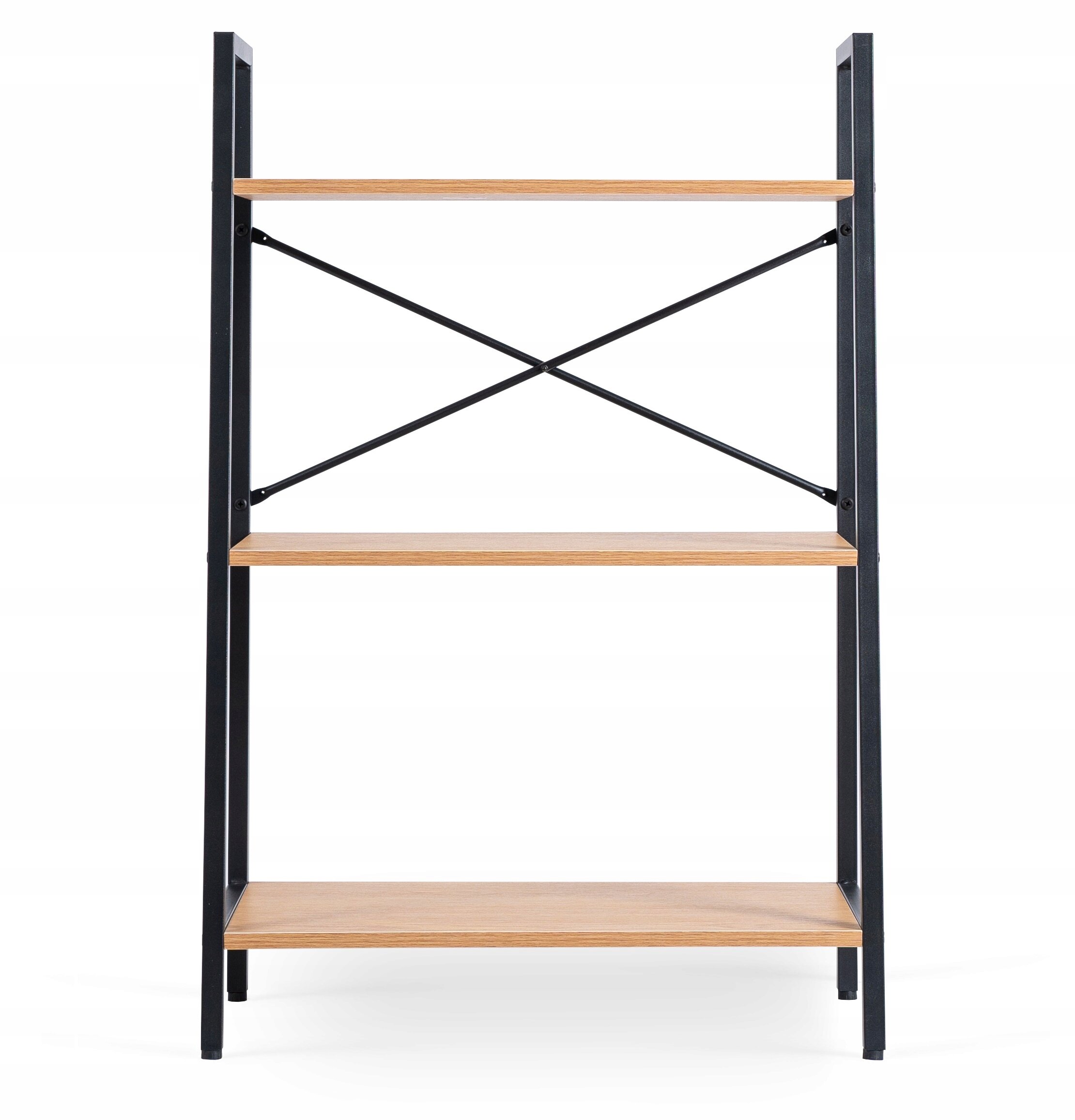 Regał biurowy z trzema półkami w kolorze dębu złotego, z metalową ramą i krzyżowym wzmocnieniem z tyłu. Konstrukcja ma prosty, nowoczesny design w stylu loft.