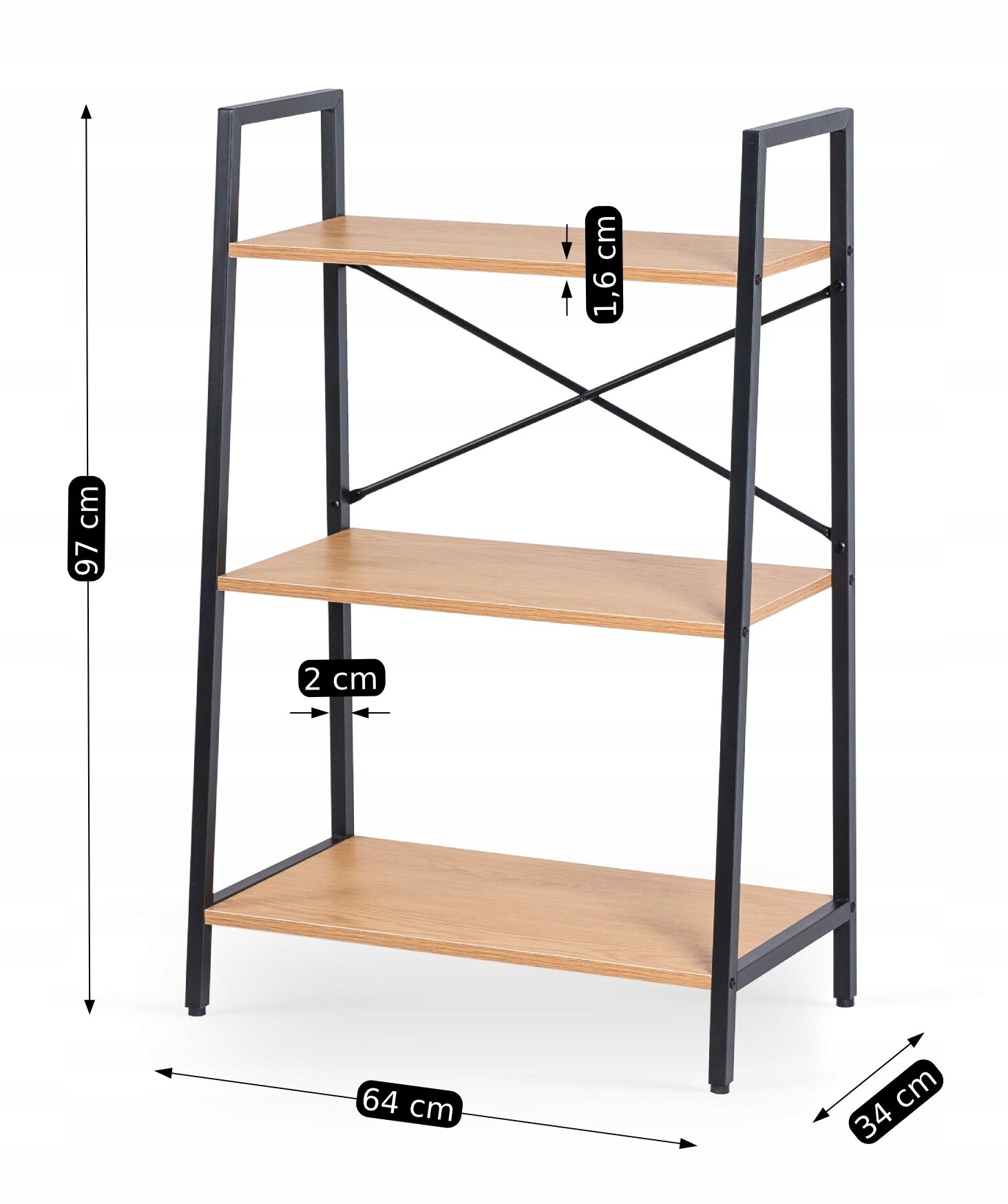 Regał biurowy z trzema półkami w kolorze dąb złoty, z metalową ramą w stylu loft. Wymiary: wysokość 97 cm, szerokość 64 cm, głębokość 34 cm, grubość półki 1,6 cm, szerokość ramy 2 cm.
