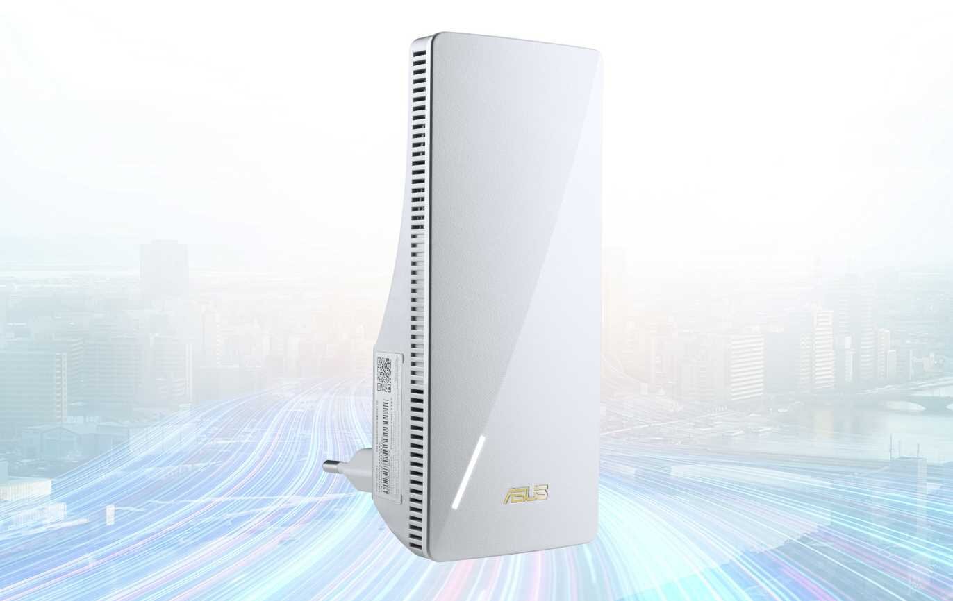 Biały wzmacniacz sieci ASUS z logo ASUS na dole, umieszczony na tle miasta z dynamicznymi liniami symbolizującymi przepływ danych.