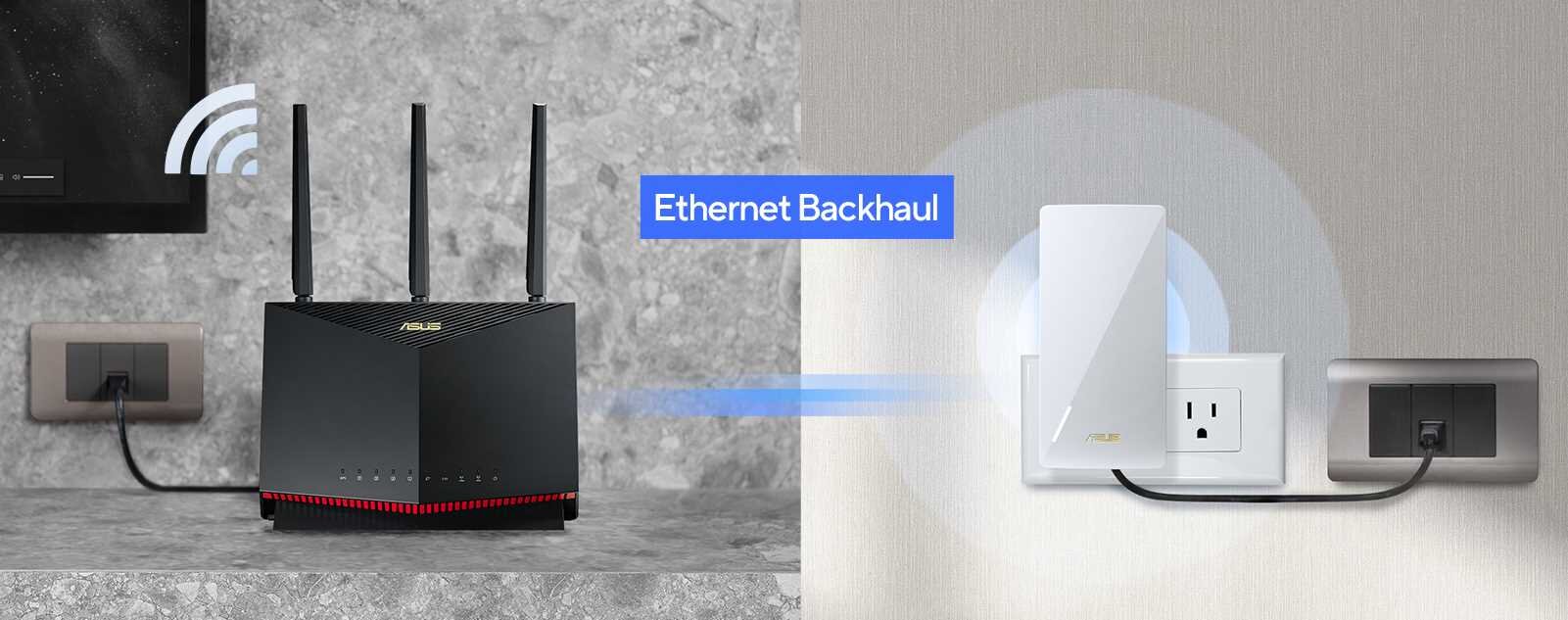 Obraz przedstawia dwa urządzenia sieciowe podłączone do gniazdek elektrycznych. Na środku widoczny jest napis \'Ethernet Backhaul\'.