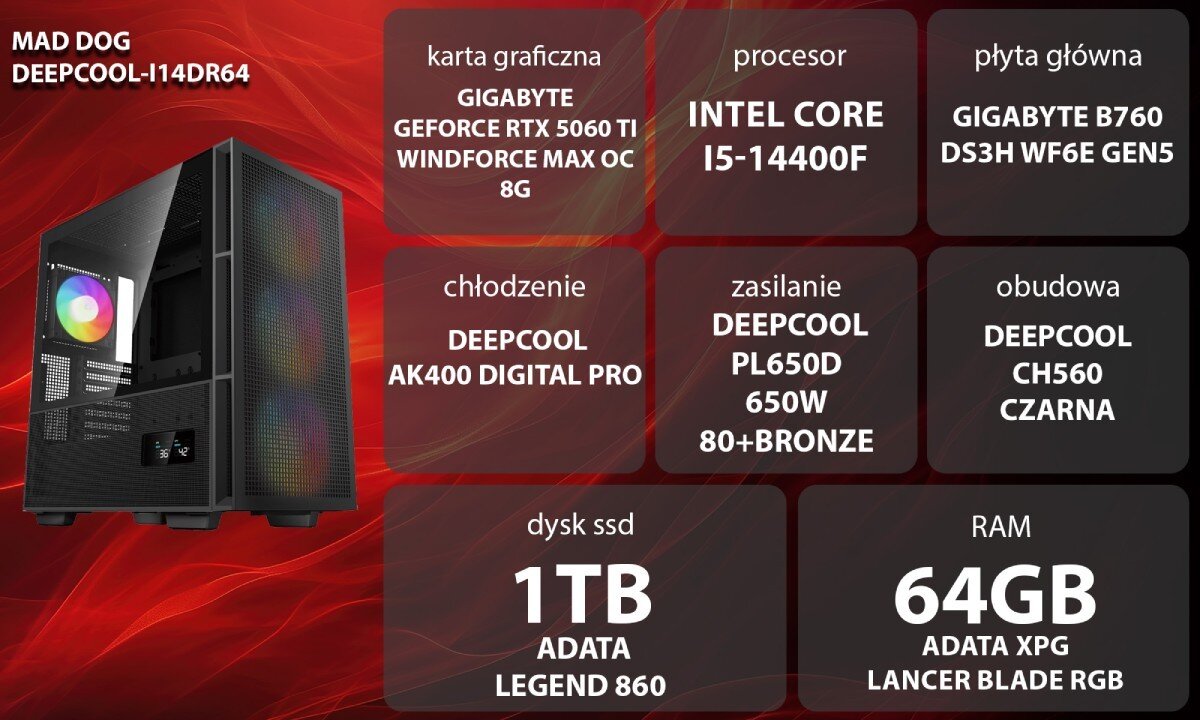 Komputer MAD DOG GeForce RTX5060Ti DLSS 4 Reflex Edition 2 DEEPCOOL-I14DR64 Grafika przedstawiająca specyfikację komputera, z podziałem na podzespoły. W lewej części znajduje się model komputera, a obok niego informacje o podzespołach, opis