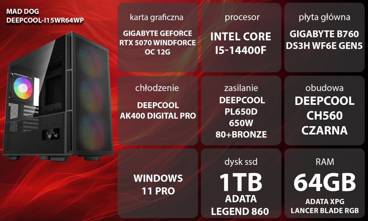Komputer MAD DOG GeForce RTX5070 DLSS 4 Reflex Edition 2 DEEPCOOL-I15WR64WP Grafika przedstawiająca specyfikację komputera, z podziałem na podzespoły. W lewej części znajduje się model komputera, a obok niego informacje o podzespołach, opis