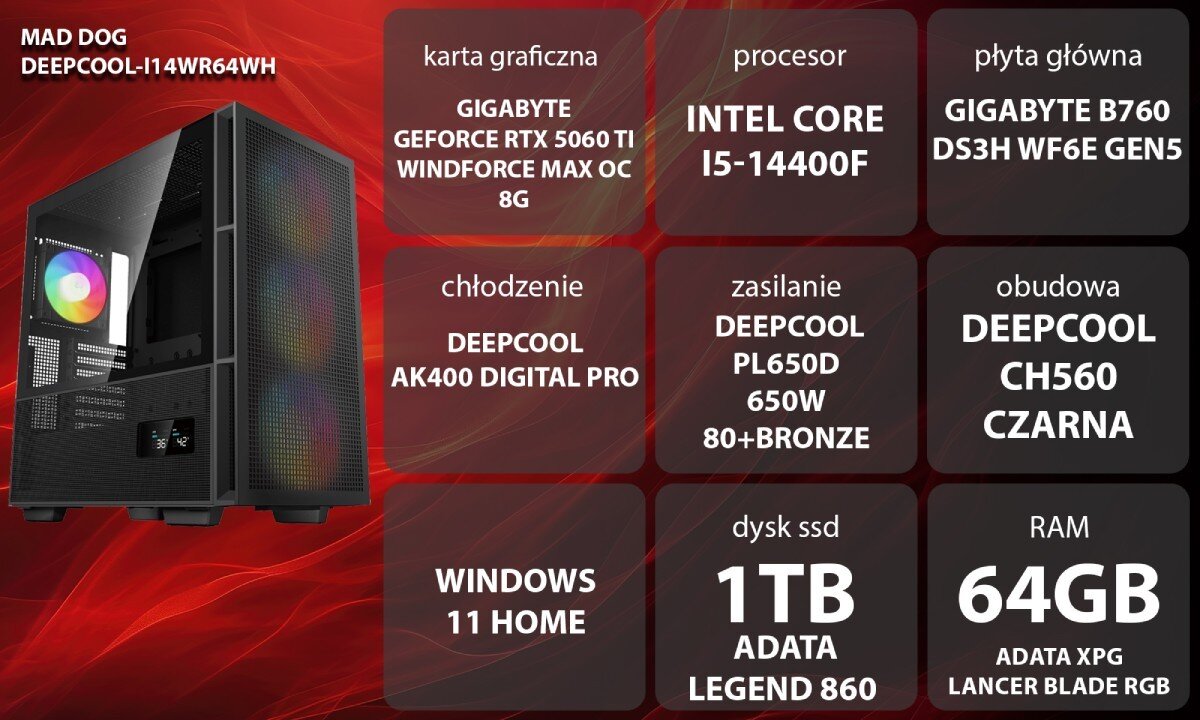 Komputer MAD DOG GeForce RTX5060Ti DLSS 4 Reflex Edition 2 DEEPCOOL-I14WR64WH Grafika przedstawiająca specyfikację komputera, z podziałem na podzespoły. W lewej części znajduje się model komputera, a obok niego informacje o podzespołach, opis