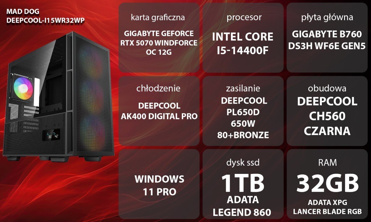 Komputer MAD DOG GeForce RTX5070 DLSS 4 Reflex Edition 2 DEEPCOOL-I15WR32WP Grafika przedstawiająca specyfikację komputera, z podziałem na podzespoły. W lewej części znajduje się model komputera, a obok niego informacje o podzespołach, opis