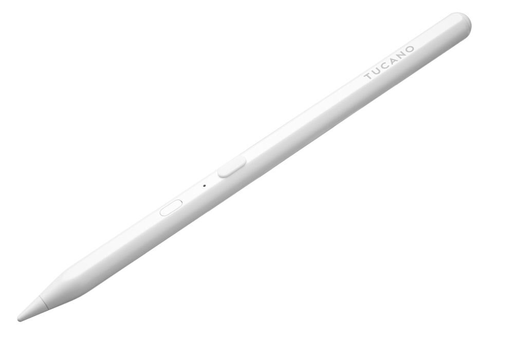 Biały rysik z napisem \'TUCANO\' na jednym końcu, posiada przycisk i ma smukły, nowoczesny design.