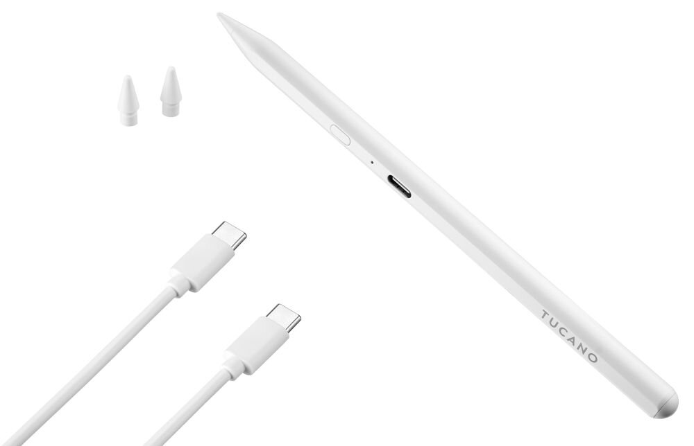 Na obrazie widoczny jest biały rysik z napisem \'TUCANO\', dwa dodatkowe końcówki oraz dwa białe kable USB-C.