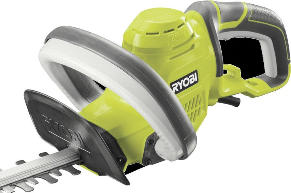 Nożyce do żywopłotu RYOBI RHT4550 elektryczne szybka i precyzyjna praca z satysfakcjonującymi rezultatami kompaktowa zintegrowana konstrukcja dobre wyważenie łatwość manewrowania podwójny miękki uchwyt przedni kompatybilne z nasadką HedgeSweep nasadka dostępna osobno
