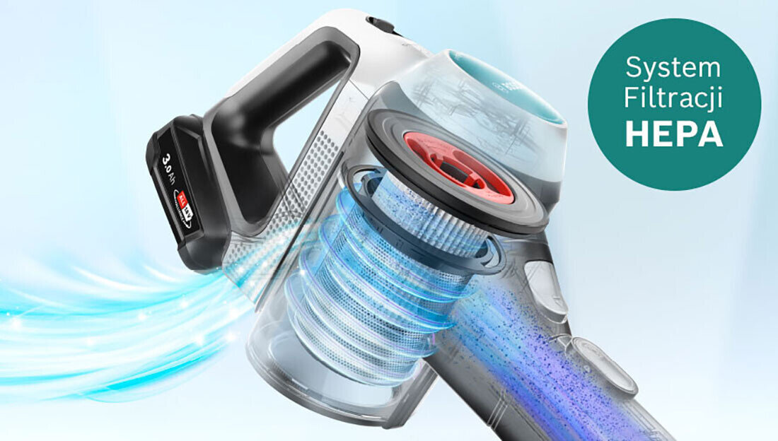 Odkurzacz BOSCH Unlimited 7 Prohygienic Aqua BCS712HYG5 System filtracji HEPA wysoka jakość powietrze filtr siatkowy stal nierdzewna higiena czyszczenie