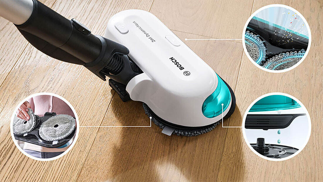Odkurzacz BOSCH Unlimited 7 Prohygienic Aqua BCS712HYG5 Nasadka 2w1 nawilżanie dozowanie precyzja kontrola przepływ woda zabrudzenia rodzaj podłoga