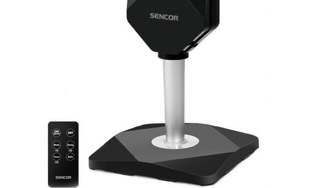 Wentylator SENCOR SFN 5040BL sterowanie pilotem panel dotykowy funkcja nachylenia lekka konstrukcja oszczednosc przestrzeni cicha praca