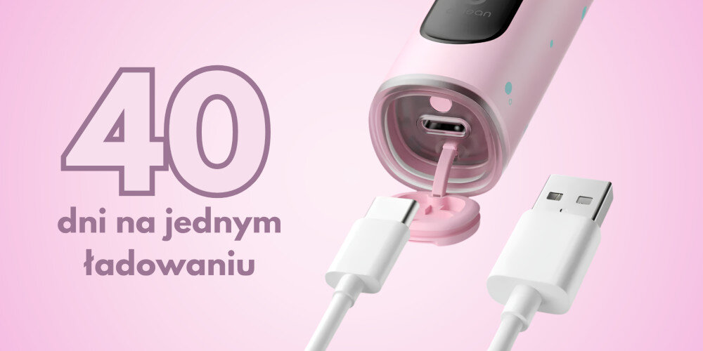 Różowa szczoteczka soniczna z widocznym portem ładowania i podłączonym kablem USB. Obok znajduje się tekst: \'40 dni na jednym ładowaniu\'.