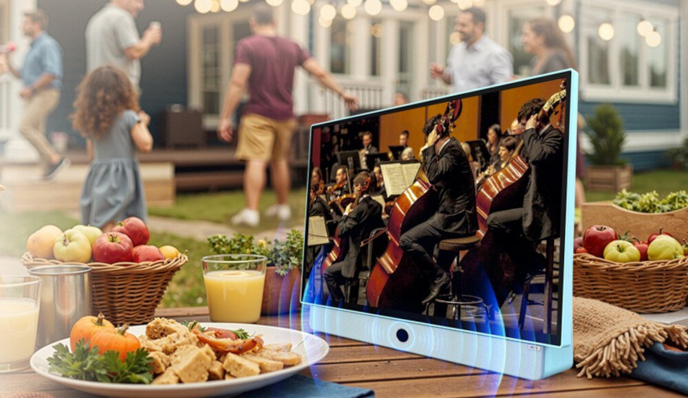 Telewizor METZ 24MPE7000Y 3 godziny pracy bateria mobilność podróż, telewizor stojący na stole na świeżym powierzu