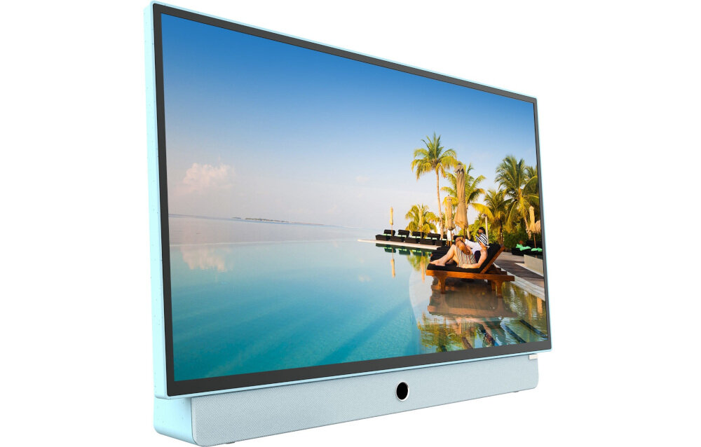 Telewizor METZ 24MPE7000Y poprawa jakości obrazu kontrast redukcja szumów Full HD, telewizor po skosie na białym tle