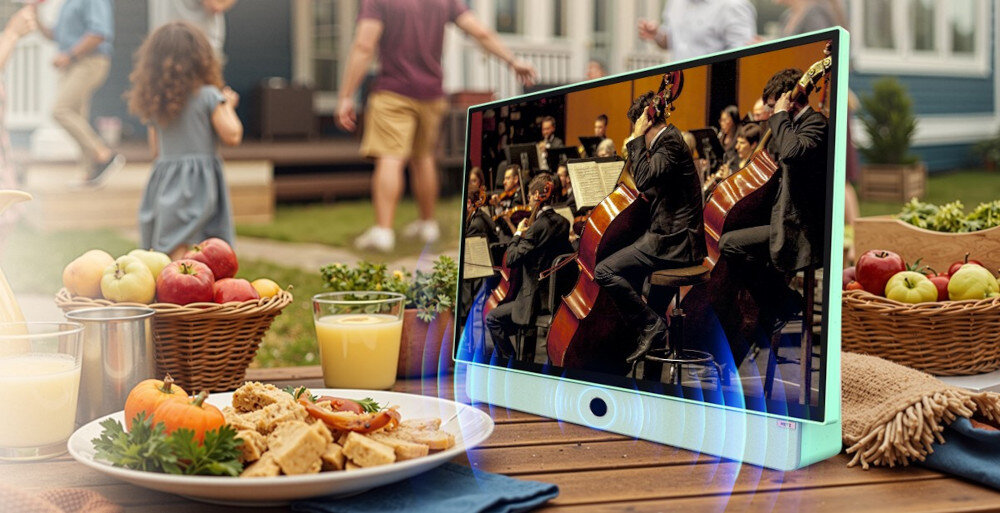 Telewizor METZ 24MPE7200Z 3 godziny pracy bateria mobilność podróż, telewizor stojący na stole na świeżym powierzu