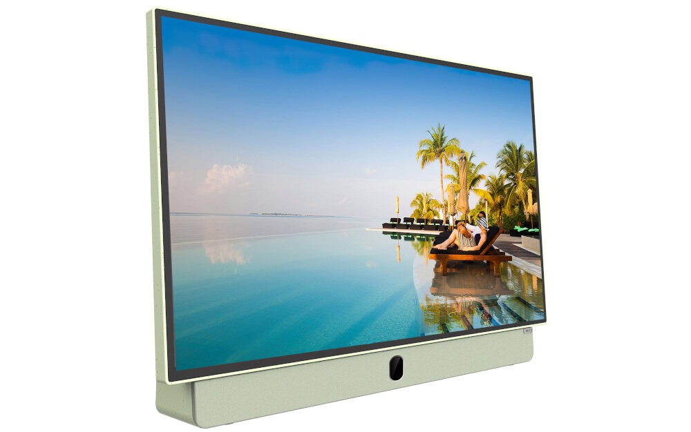 Telewizor METZ 24MPE7200Z poprawa jakości obrazu kontrast redukcja szumów Full HD, telewizor po skosie na białym tle