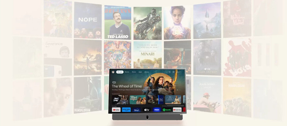 Telewizor METZ 24MPE7300Z Google TV streaming aplikacje filmy gry, telewizor od forntu z kafelkami filmów w tle