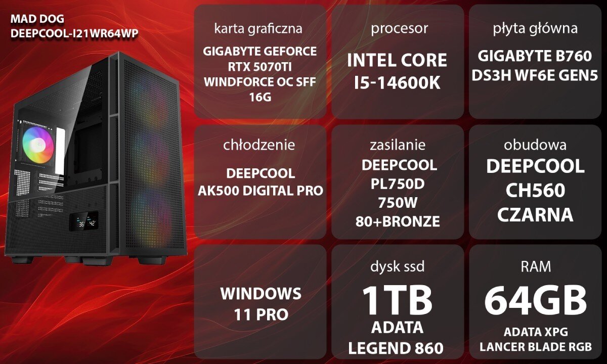 Komputer MAD DOG GeForce RTX5070Ti DLSS 4 Reflex Edition 2 DEEPCOOL-I21WR64WP Grafika przedstawiająca specyfikację komputera, z podziałem na podzespoły. W lewej części znajduje się model komputera, a obok niego informacje o podzespołach, opis