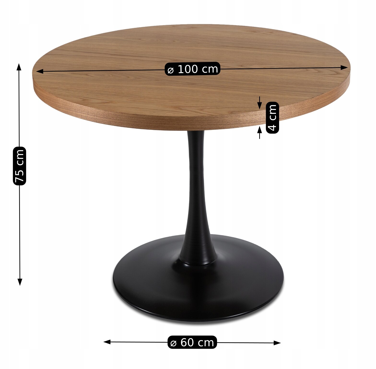 Okrągły stół z blatem w kolorze dębu złotego o średnicy 100 cm i grubości 4 cm, na czarnej, smukłej nodze z podstawą o średnicy 60 cm. Wysokość stołu wynosi 75 cm.