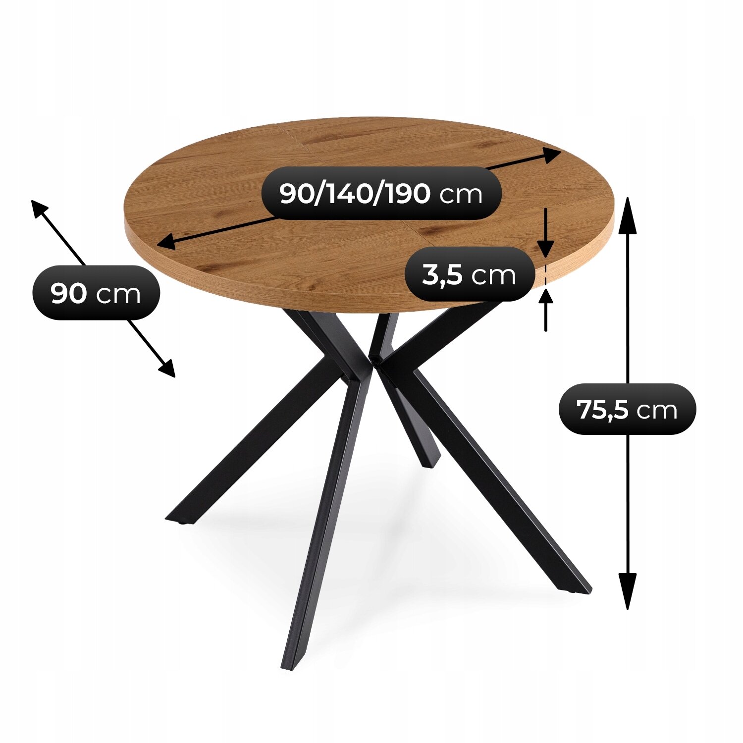 Okrągły stół z drewnianym blatem i metalowymi nogami, z wymiarami: średnica 90/140/190 cm, wysokość 75,5 cm, grubość blatu 3,5 cm.