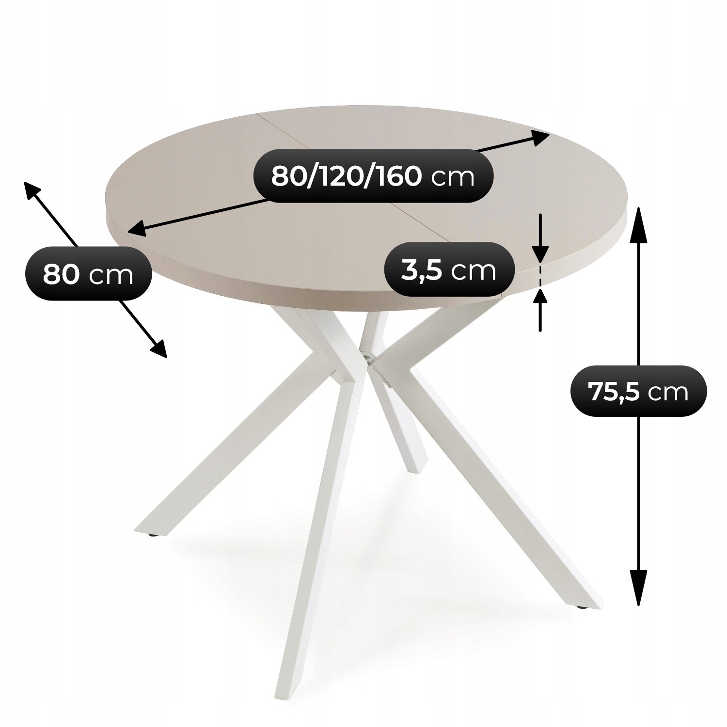 Okrągły stół z możliwością rozłożenia, z wymiarami blatu 80/120/160 cm, grubością 3,5 cm i wysokością 75,5 cm. Nogi stołu są białe i krzyżują się pod blatem.