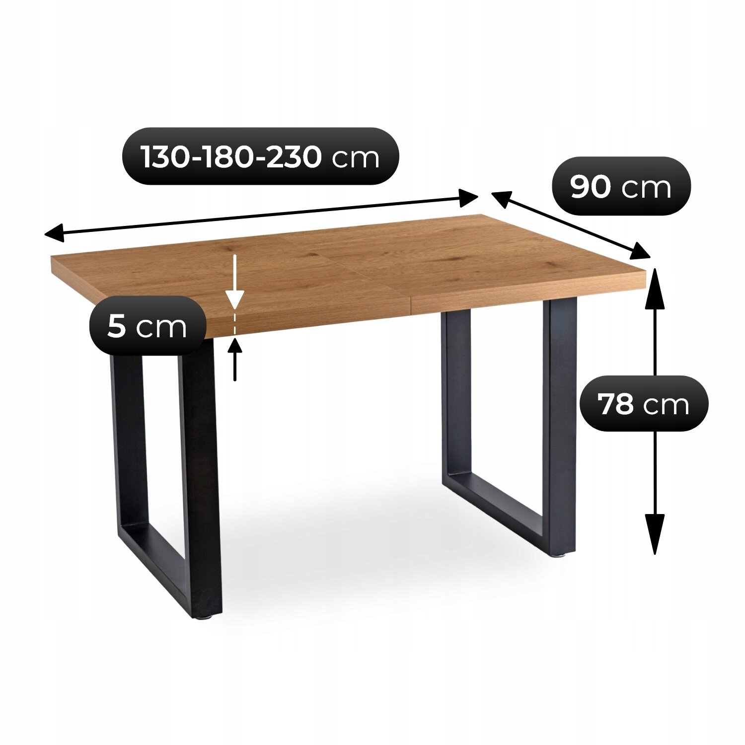 Na obrazie widoczny jest stół rozkładany z blatem w kolorze dębu i czarnymi nogami. Wymiary stołu to 130-180-230 cm długości, 90 cm szerokości, 78 cm wysokości i 5 cm grubości blatu.