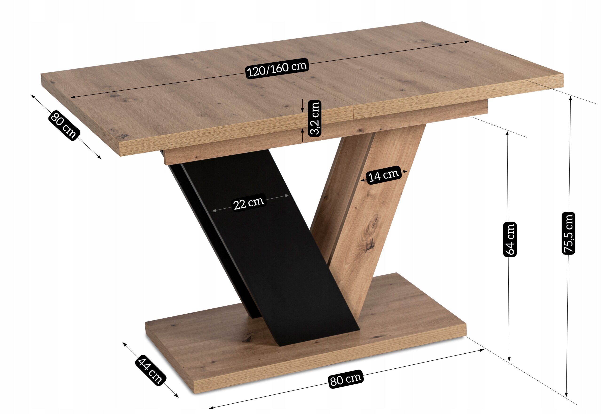 Obraz przedstawia rozkładany stół o wymiarach 120/160 cm na długość i 80 cm na szerokość, wykonany z materiału w kolorze dąb artisan z czarnymi elementami. Widoczne są szczegółowe wymiary poszczególnych części stołu, takie jak wysokość 75,5 cm i szerokość podstawy 80 cm.