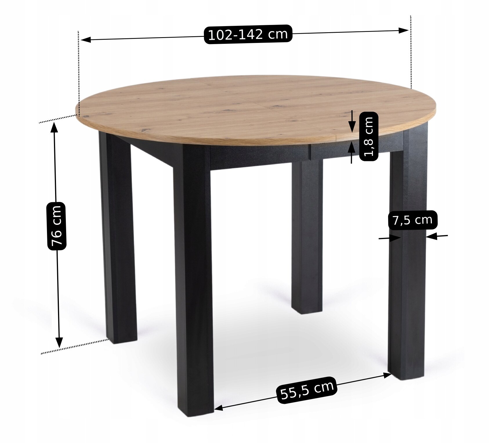Okrągły stół z drewnianym blatem i czarnymi nogami, z wymiarami: wysokość 76 cm, średnica blatu 102-142 cm, grubość blatu 1,8 cm, szerokość nogi 7,5 cm, rozstaw nóg 55,5 cm.
