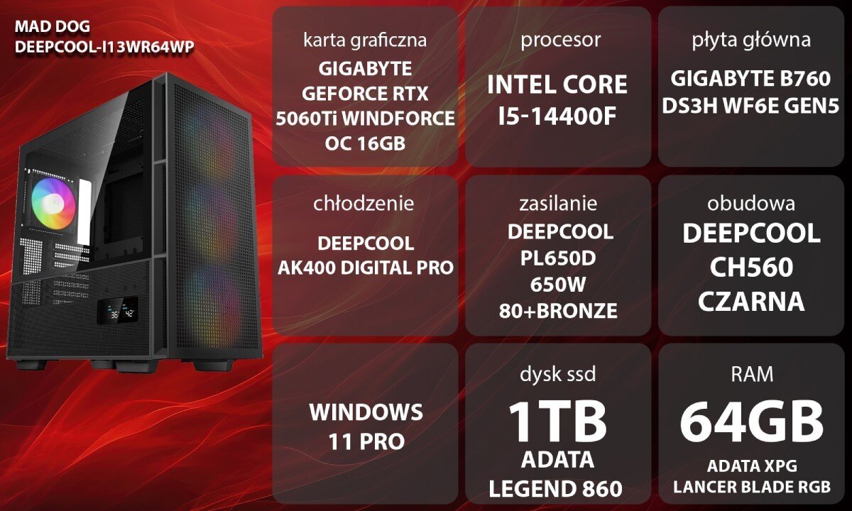Komputer MAD DOG GeForce RTX5060Ti DLSS 4 Reflex Edition 2 DEEPCOOL-I13WR64WP Grafika przedstawiająca specyfikację komputera, z podziałem na podzespoły. W lewej części znajduje się model komputera, a obok niego informacje o podzespołach, opis