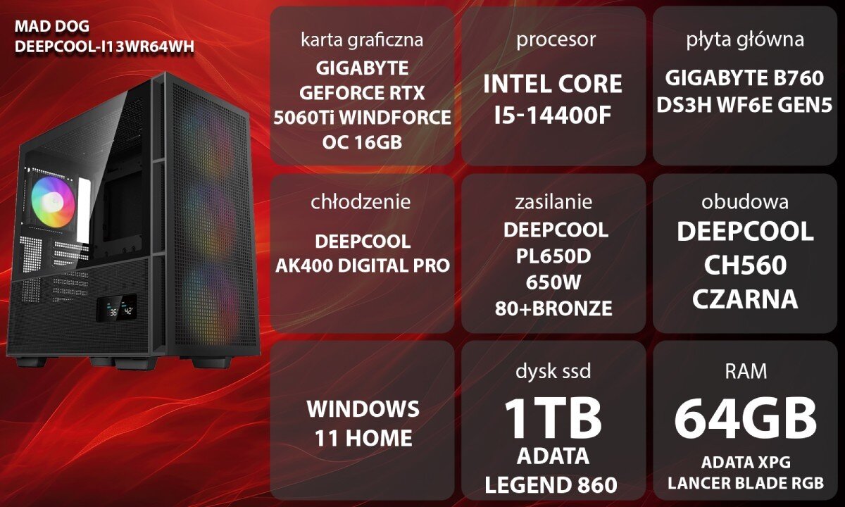Komputer MAD DOG GeForce RTX5060Ti DLSS 4 Reflex Edition 2 DEEPCOOL-I13WR64WH Grafika przedstawiająca specyfikację komputera, z podziałem na podzespoły. W lewej części znajduje się model komputera, a obok niego informacje o podzespołach, opis