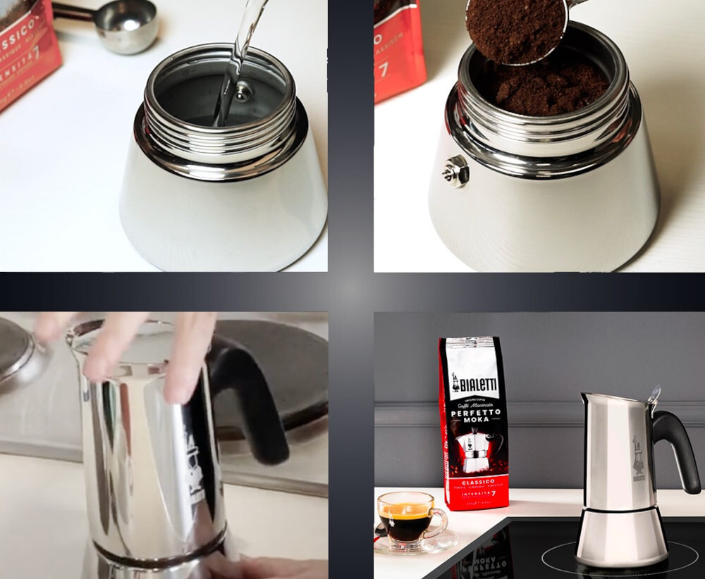 Na obrazie widoczna jest kawiarka z metalicznym wykończeniem oraz opakowanie kawy z logo Bialetti. Obok kawiarki znajduje się filiżanka z espresso na blacie.