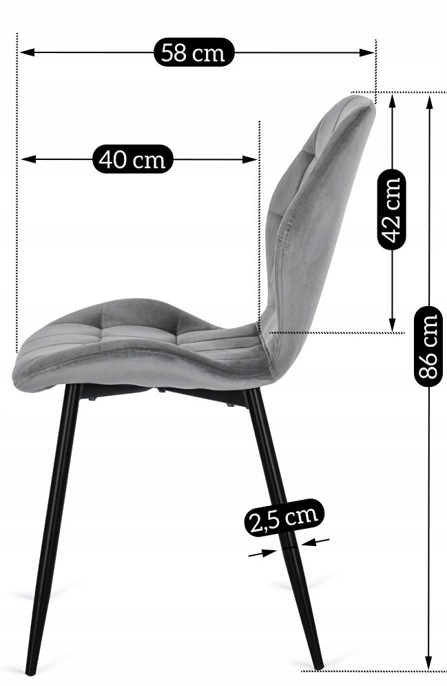 Szare krzesło tapicerowane welurem z czarnymi nogami, przedstawione z boku. Na obrazie widoczne są wymiary: 58 cm, 40 cm, 42 cm, 86 cm, 2,5 cm.