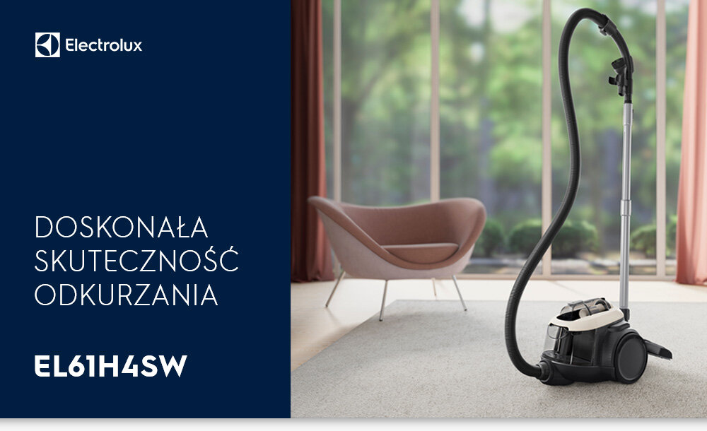 Obraz przedstawia odkurzacz stojący na dywanie w jasnym pomieszczeniu z dużymi oknami. Po lewej stronie widnieje napis: \'DOSKONAŁA SKUTECZNOŚĆ ODKURZANIA EL61H4SW\' oraz logo Electrolux.