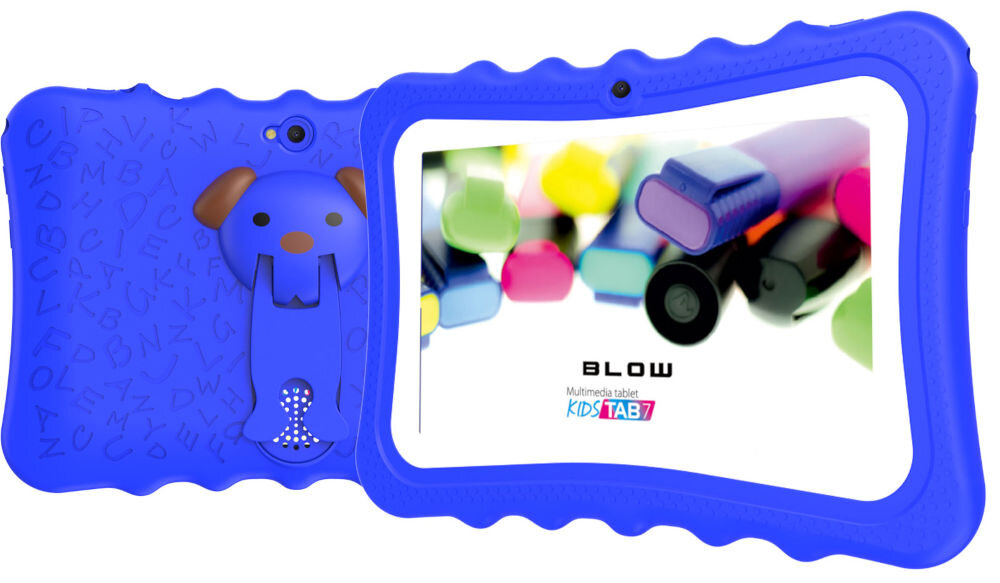 Tablet BLOW Kids Tab 7 V2 7 cali 4/32 GB Wi-Fi Niebieski prezentacja urządzenia od przodu i od tyłu na białym tle praktyczny i rozwijający prezent dla dziecka start przygody z technologią nauka zabawa poznawanie świata gry i aplikacje edukacyjne rozwój kreatywność