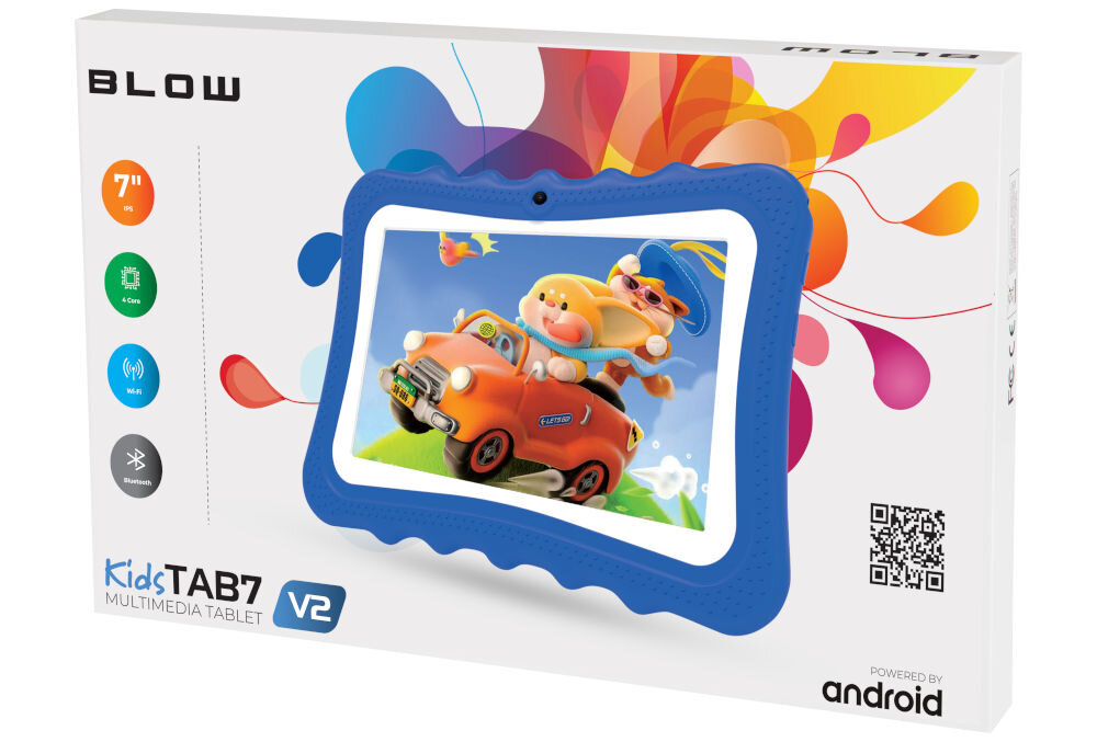Tablet BLOW Kids Tab 7 V2 7 cali 4/32 GB Wi-Fi Niebieski prezentacja opakowania urządzenia na białym tle system Android 14 prosty interfejs dostęp do Google Play tysiące aplikacji Netflix YouTube HBO Max Disney+ Messenger Facebook Snapchat ochrona prywatności nawigacja gestami dobra jakość dźwięku rośnie z dzieckiem