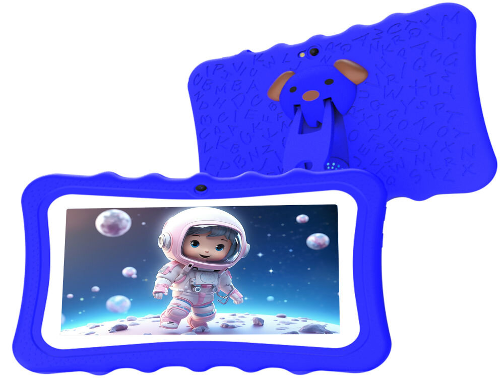 Tablet BLOW Kids Tab 7 V2 7 cali 4/32 GB Wi-Fi Niebieski prezentacja urządzenia od przodu i od tyłu z bajką na ekranie na białym tle bateria 3000 mAh wiele godzin bez częstego ładowania podróże wyjazdy kompaktowy rozmiar lekka konstrukcja