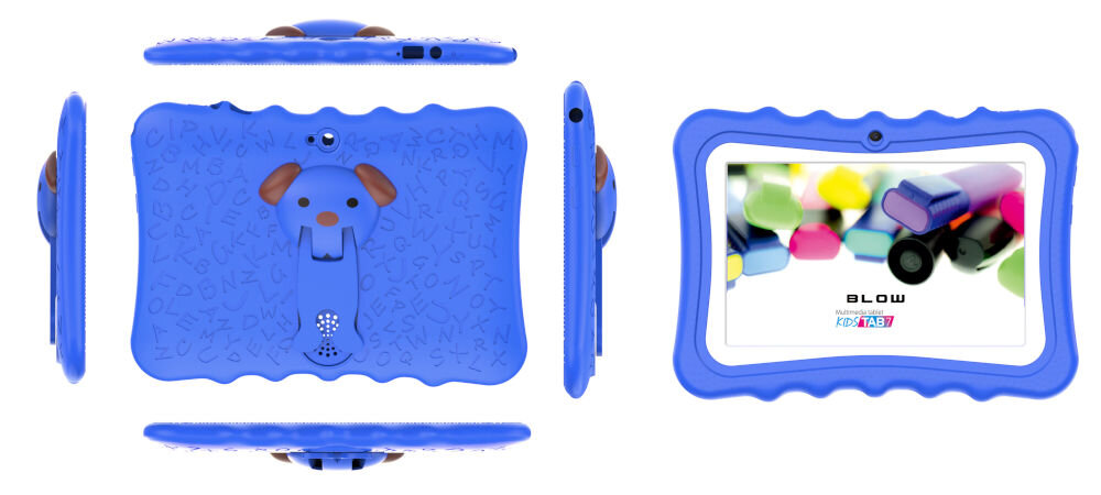 Tablet BLOW Kids Tab 7 V2 7 cali 4/32 GB Wi-Fi Niebieski prezentacja urządzenia frontu tyłu góry dołu i boków na białym tle zintegrowane etui ochronne zabezpiecza tablet przed upadkami i zarysowaniami trwałość